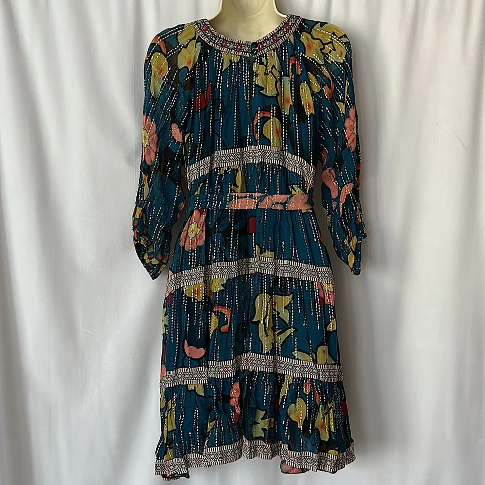 Anthropologie Verb Pallavi NWT Boho Dark Blue Floral Eulalia Gold Dress **Sz 4** - Picture 2 of 5